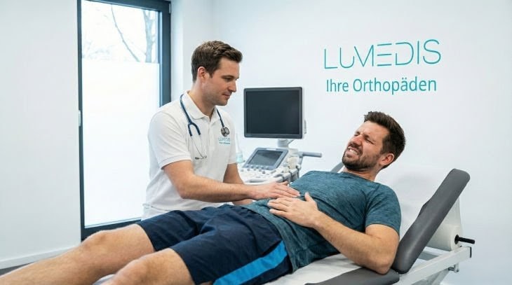 Mann mit Bauchmuskelverletzung, der bei Lumedis in Frankfurt behandelt wird Mann mit Bauchmuskelverletzung, der bei Lumedis in Frankfurt behandelt wird